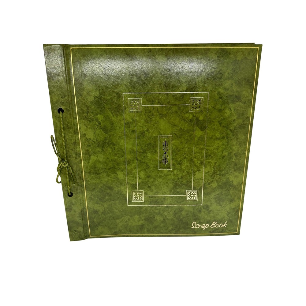 VTG Scrapbook Green Faux Leather Gold Embossed String Tie Large Blank Pages